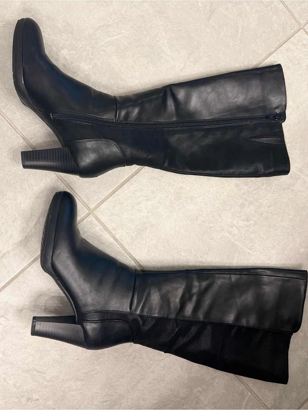 White Mountain Black Knee-High Heeled Boot with Leopard Lining
